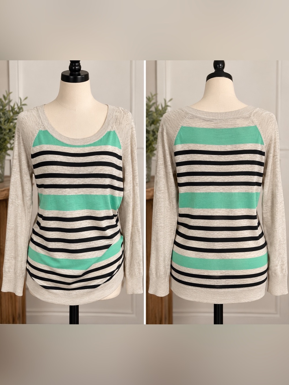 Merona Mint, Black & Light Gray Striped Scoop Neck Sweater with 3/4 Sleeves